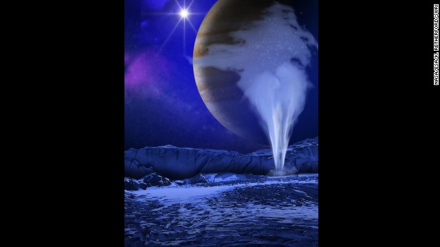 An artist depicts water vapor spewing up from underneath the surface of Europa, a moon circling the planet Jupiter. It could mean that life could be supported inside the moon.