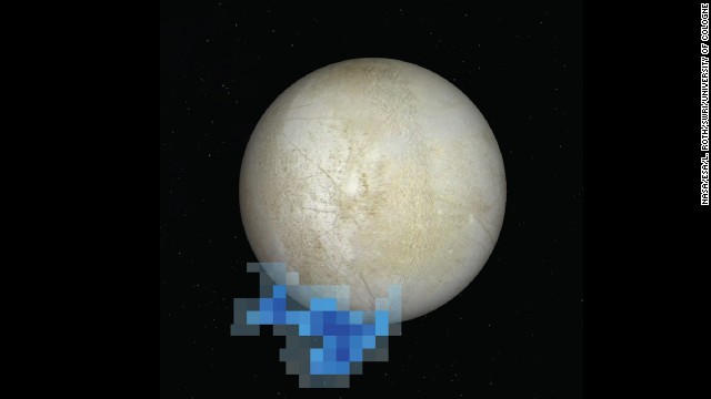 A graphic depiction shows the spot where the Hubble Space Telescope picked up water vapor over the south pole of Europa, one of Jupiter's moons.