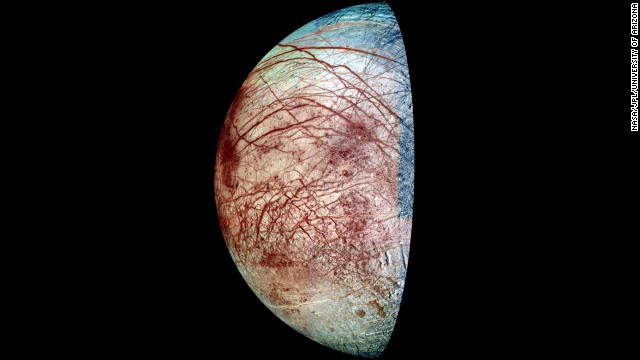 Europa is covered with ice that is riddled with cracks. It surface temperature can get as low as -328 degrees Fahrenheit, not exactly warm enough to support life. But under the ice is an ocean that scientists believe is warmed internally. It could support life, if the water's chemistry is right. Astronomers want to send an unmanned craft to try to find out.